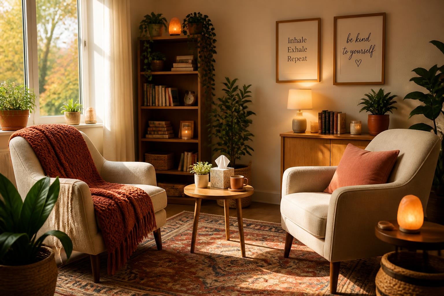 Sunlit counseling room with two armchairs